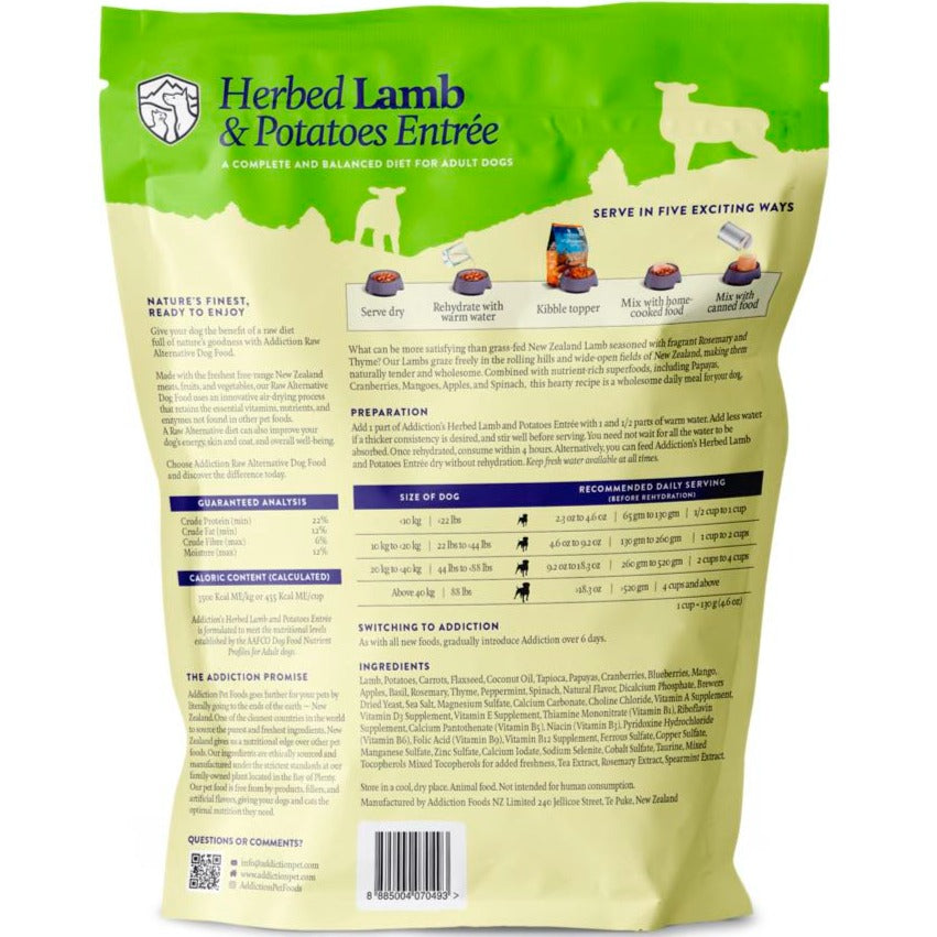 15% OFF: Addiction Herbed Lamb & Potatoes Grain Free Raw Alternative Dog Food 2lb
