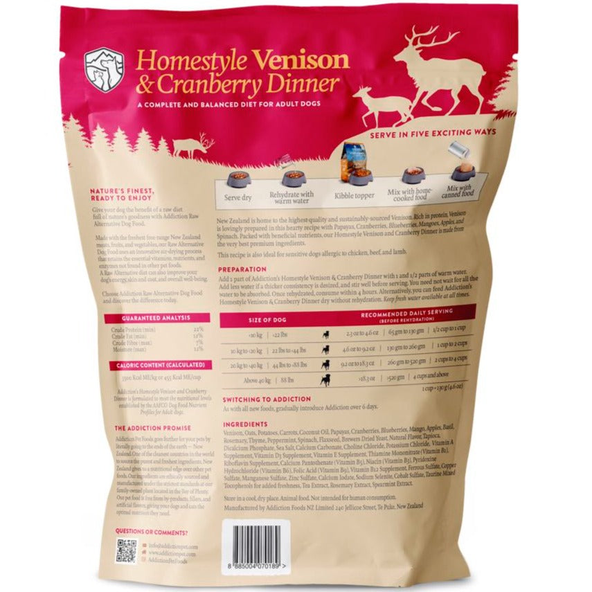 15% OFF: Addiction Homestyle Venison & Cranberry Dinner Raw Alternative Dog Food 2lb