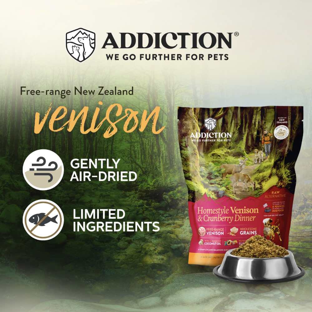 15% OFF: Addiction Homestyle Venison & Cranberry Dinner Raw Alternative Dog Food 2lb