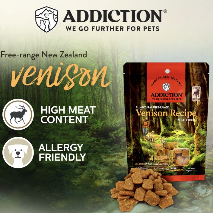 15% OFF: Addiction Meaty Bites Venison Grain Free Dog Treats 4oz